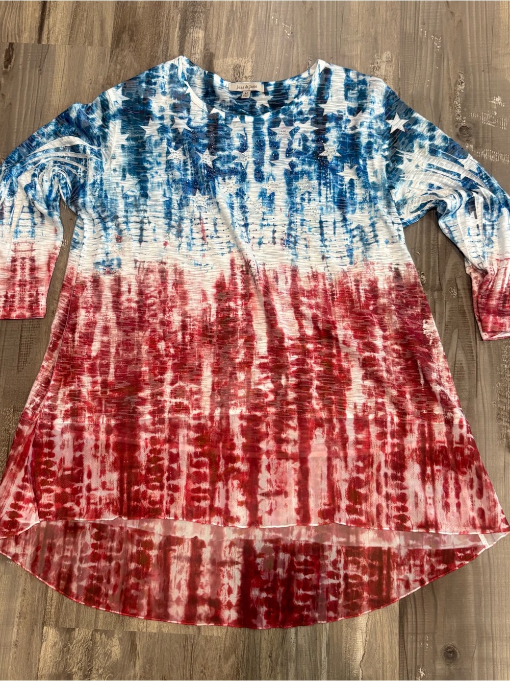 Jess & Jane SZ M Tunic Top American Flag 3/4 Sleeve Crinkle Bling Festival